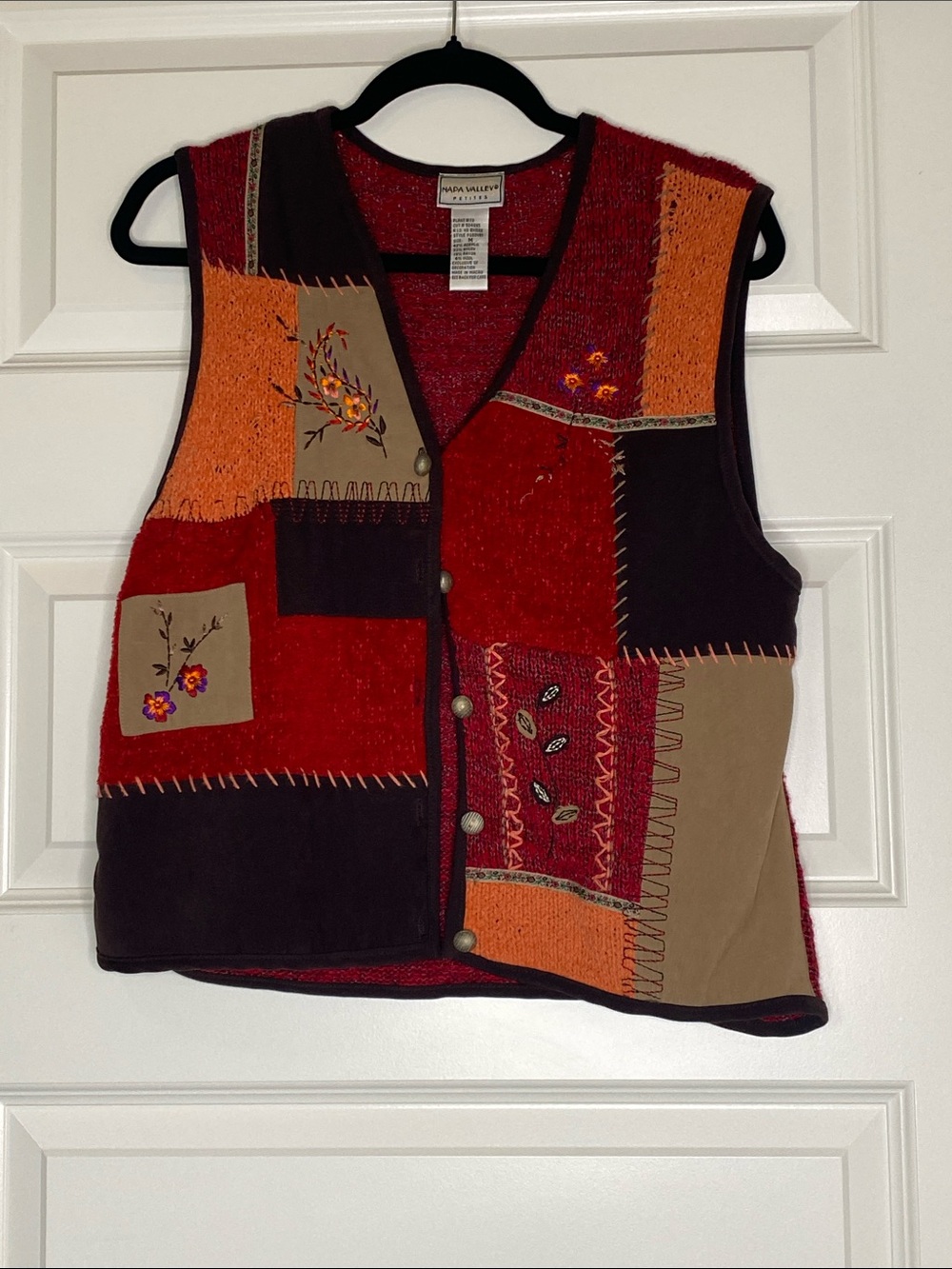 Vintage Patchwork Embroidered Button Vest - Red, Orange, Brown